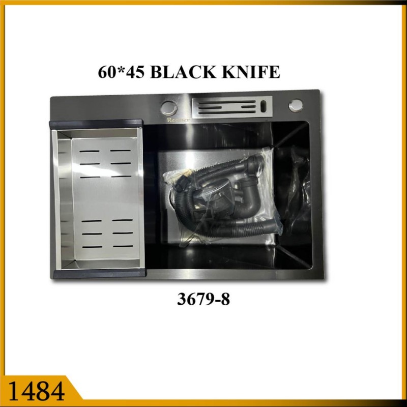KITCHEN SINK HAND MADE 60*45 BLK KNIFE/H (1484)